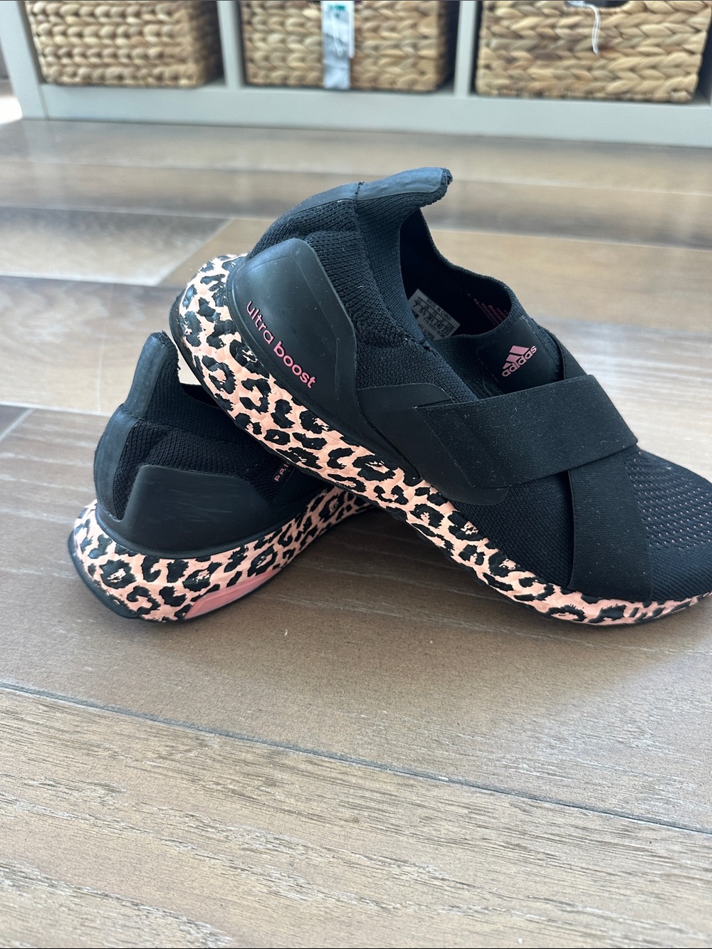 adidas Black Slip-On Sneakers with peach Leopard Trim